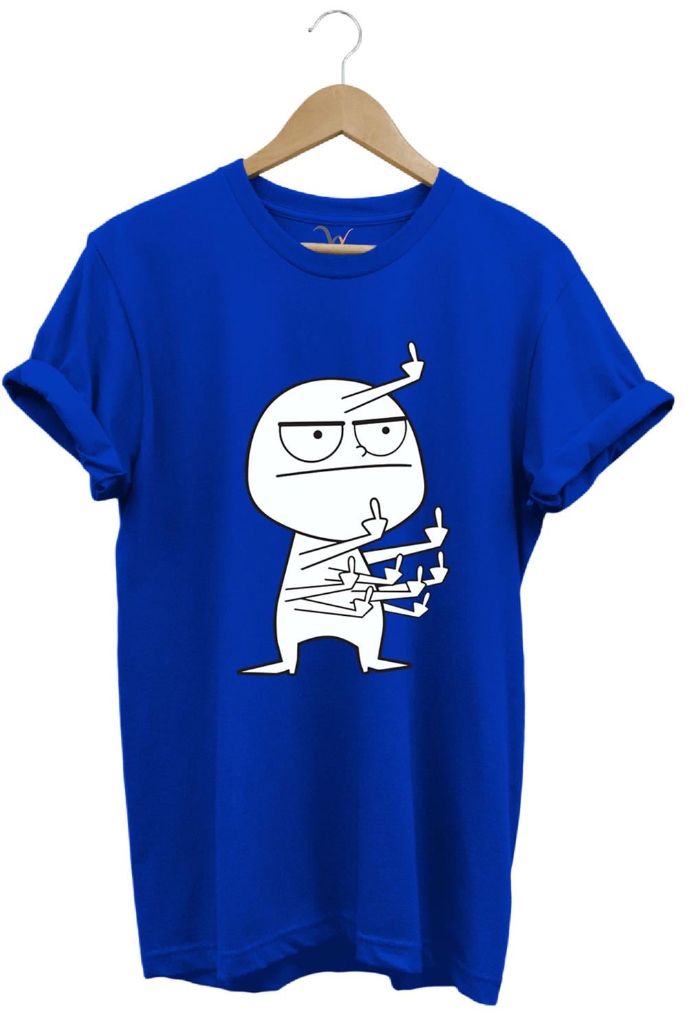 Eğlenceli Komik Orta Parmak Tasarım Baskılı %100 Pamuk Regular Fit T-Shirt - Mavi