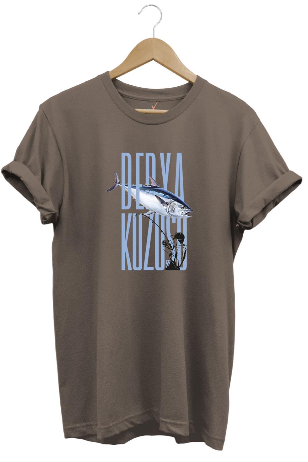 Fishing Balık Avcılığı Palamut Balığı Derya Kuzusu Tasarım Baskılı Regular Fit Bisiklet Yaka T-Shirt - Kahverengi