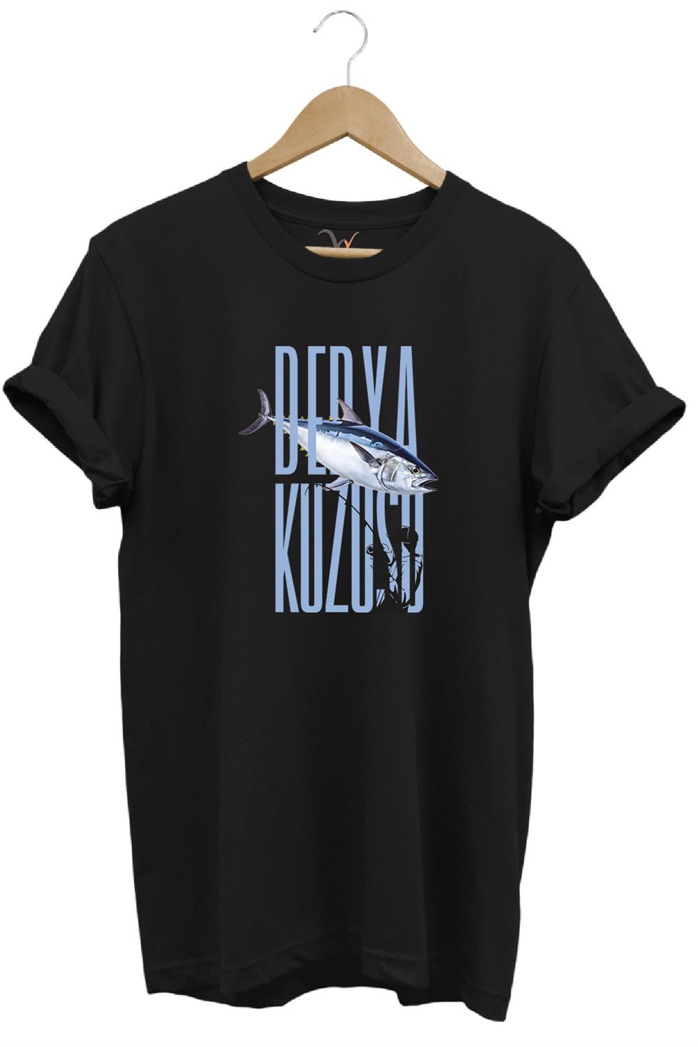 Fishing Balık Avcılığı Palamut Balığı Derya Kuzusu Tasarım Baskılı Regular Fit Bisiklet Yaka T-Shirt - Siyah