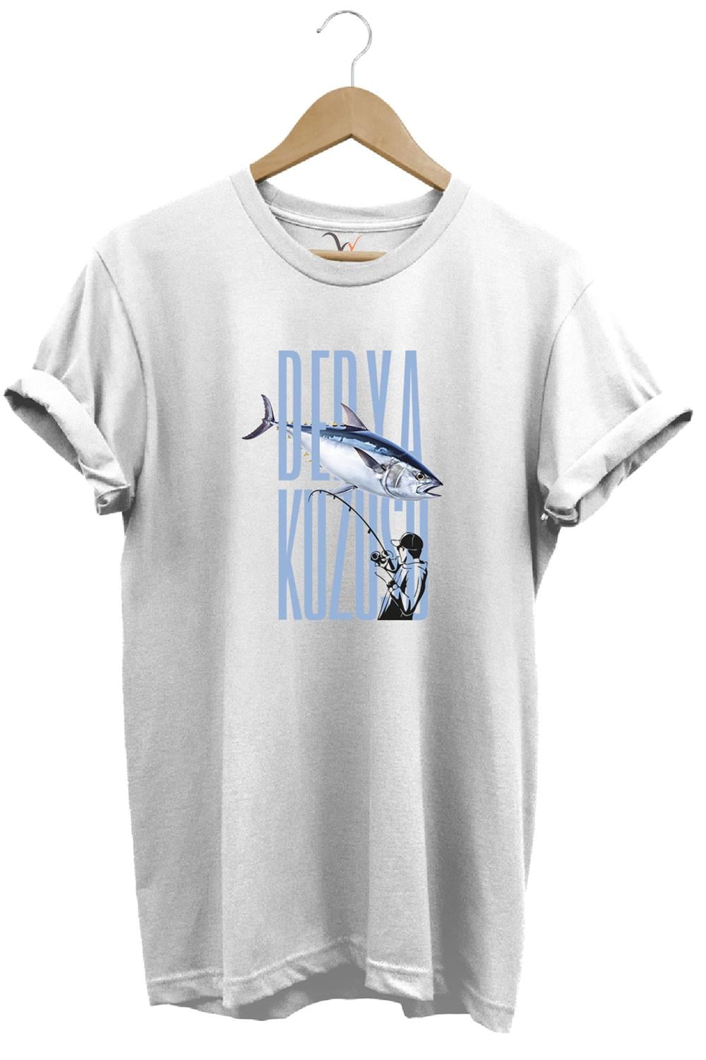 Fishing Balık Avcılığı Palamut Balığı Derya Kuzusu Tasarım Baskılı Regular Fit Bisiklet Yaka T-Shirt - Beyaz