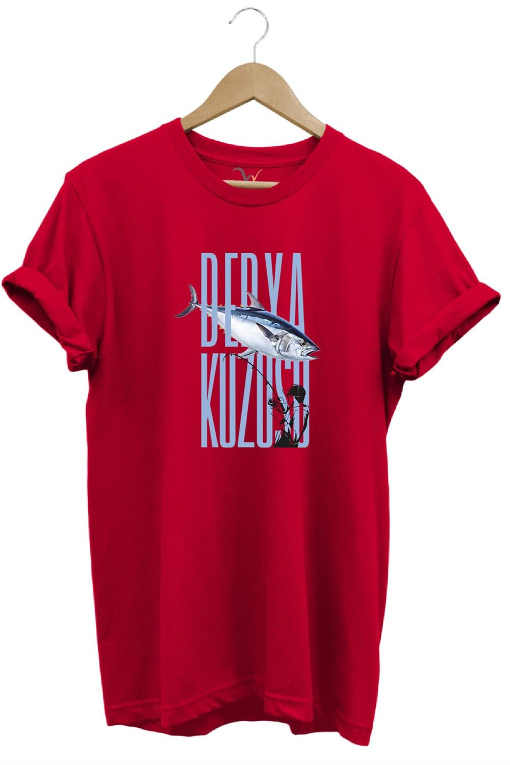 Fishing Balık Avcılığı Palamut Balığı Derya Kuzusu Tasarım Baskılı Regular Fit Bisiklet Yaka T-Shirt - Kırmızı
