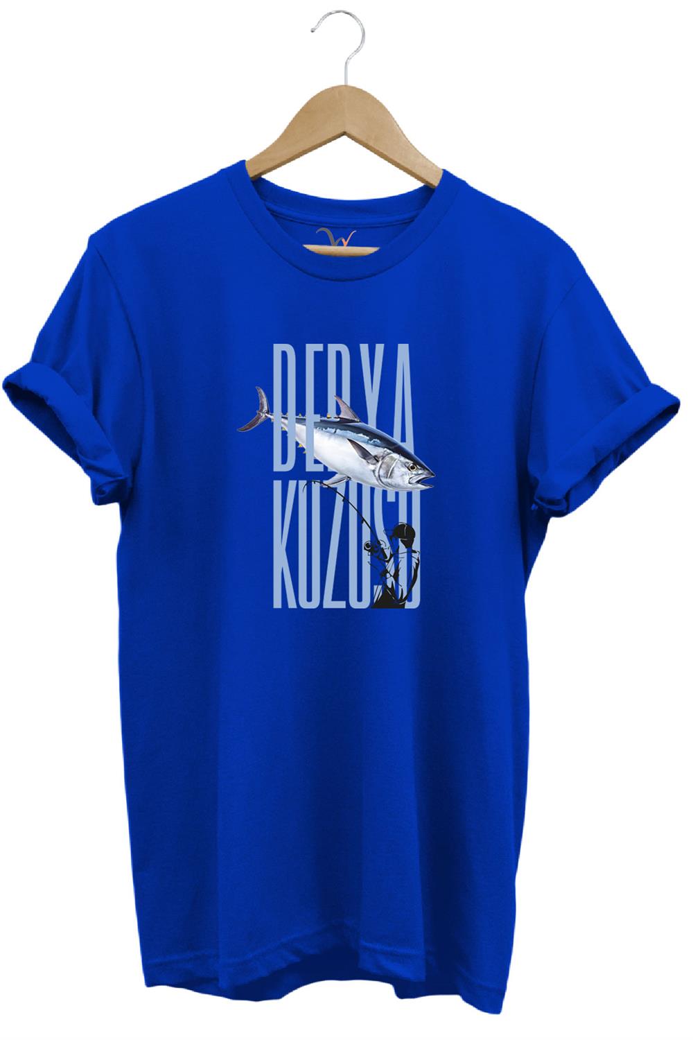 Fishing Balık Avcılığı Palamut Balığı Derya Kuzusu Tasarım Baskılı Regular Fit Bisiklet Yaka T-Shirt - Mavi