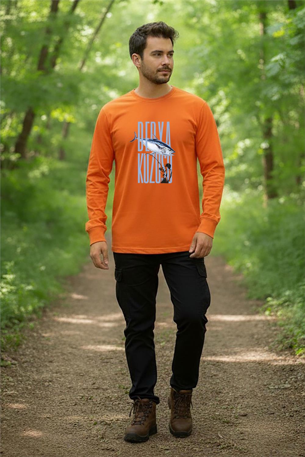 Fishing Balık Avcılığı Palamut Balığı Derya Kuzusu Tasarım Turuncu Bisiklet Yaka Uzun Kollu T-Shirt - Turuncu