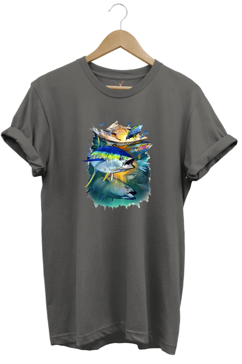 Fishing Balık Baskılı Balıkçılık %100 Pamuk Regular Fit Bisiklet Yaka T-Shirt - Antrasit