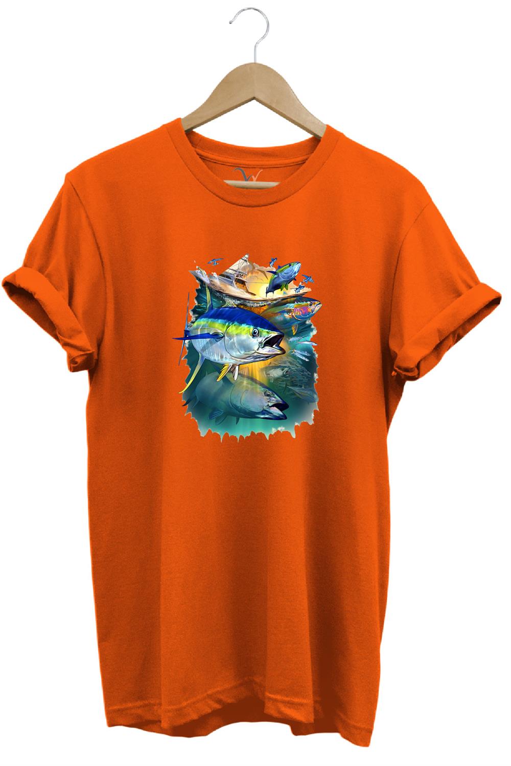 Fishing Balık Baskılı Balıkçılık %100 Pamuk Regular Fit Bisiklet Yaka T-Shirt - Turuncu