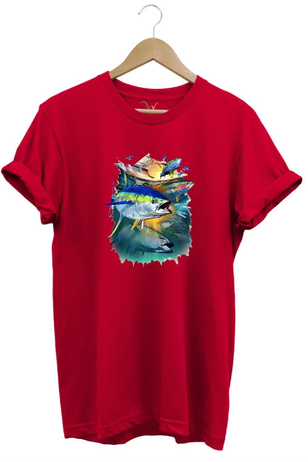 Fishing Balık Baskılı Balıkçılık %100 Pamuk Regular Fit Bisiklet Yaka T-Shirt - Kırmızı