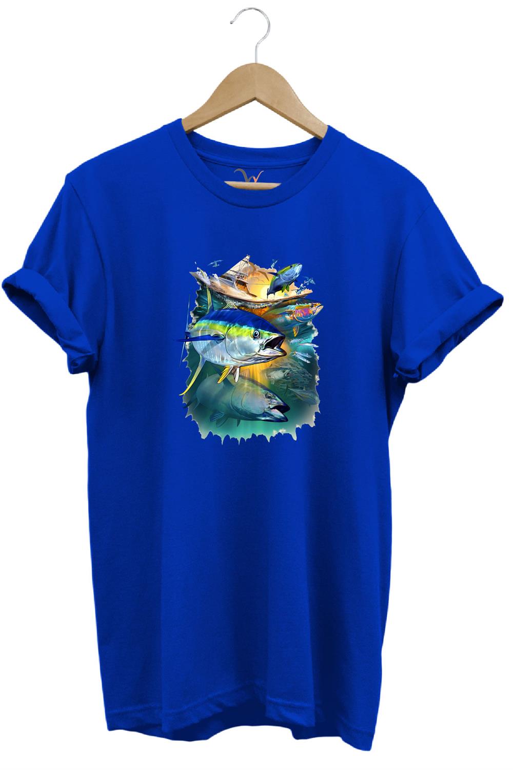 Fishing Balık Baskılı Balıkçılık %100 Pamuk Regular Fit Bisiklet Yaka T-Shirt - Mavi