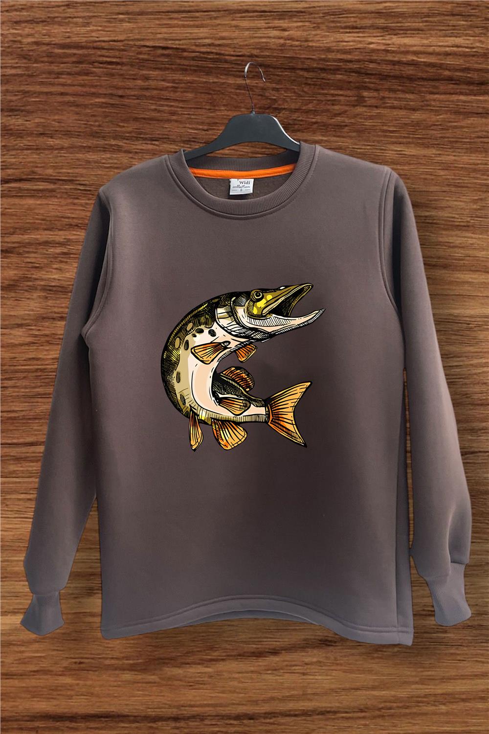 Fishing Balıkçılık Balık Baskılı Regular Fit %100 Pamuk Regular Fit Bisiklet Yaka Sweatshirt - Kahverengi
