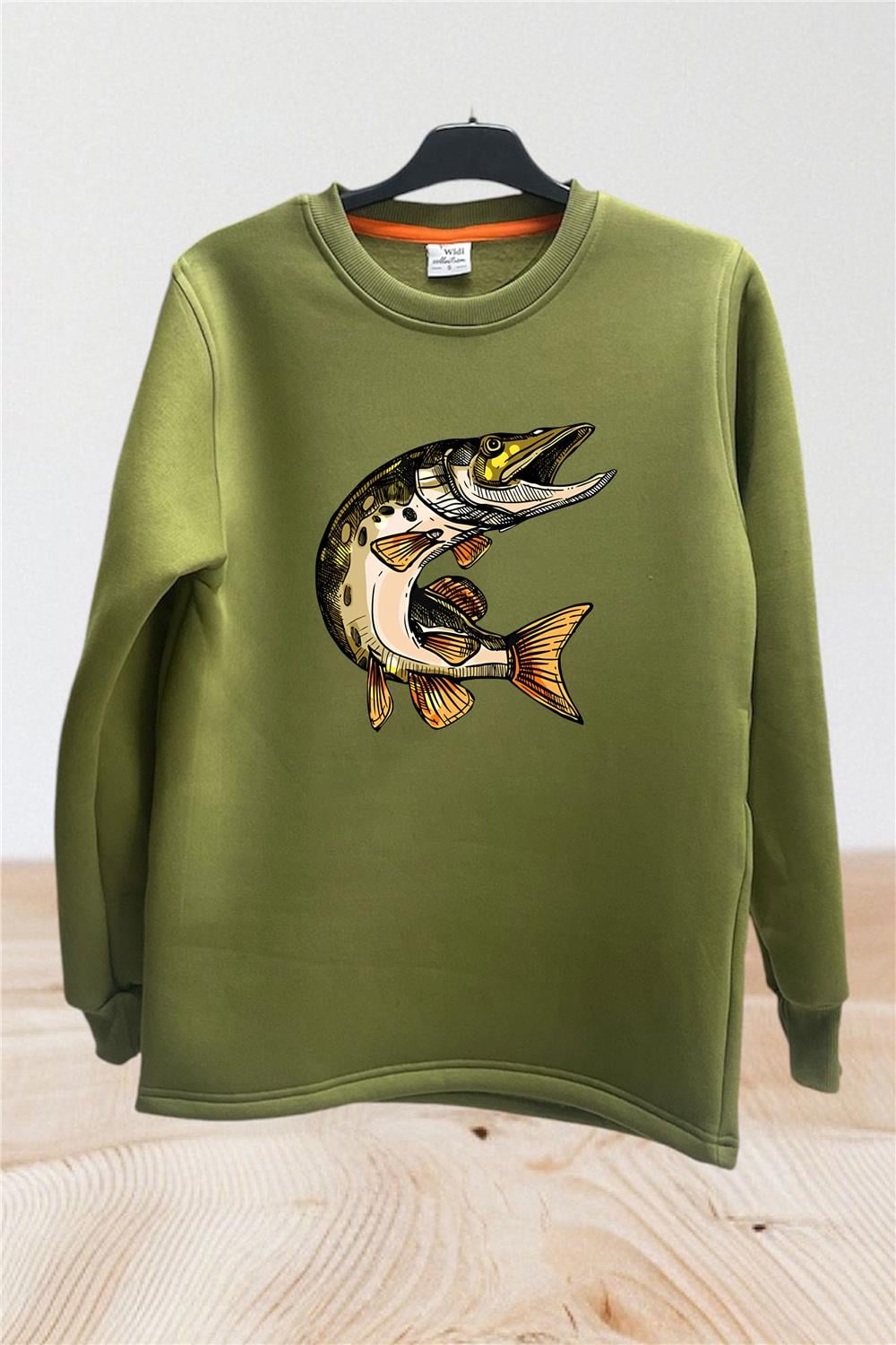 Fishing Balıkçılık Balık Baskılı Regular Fit %100 Pamuk Regular Fit Bisiklet Yaka Sweatshirt - Haki