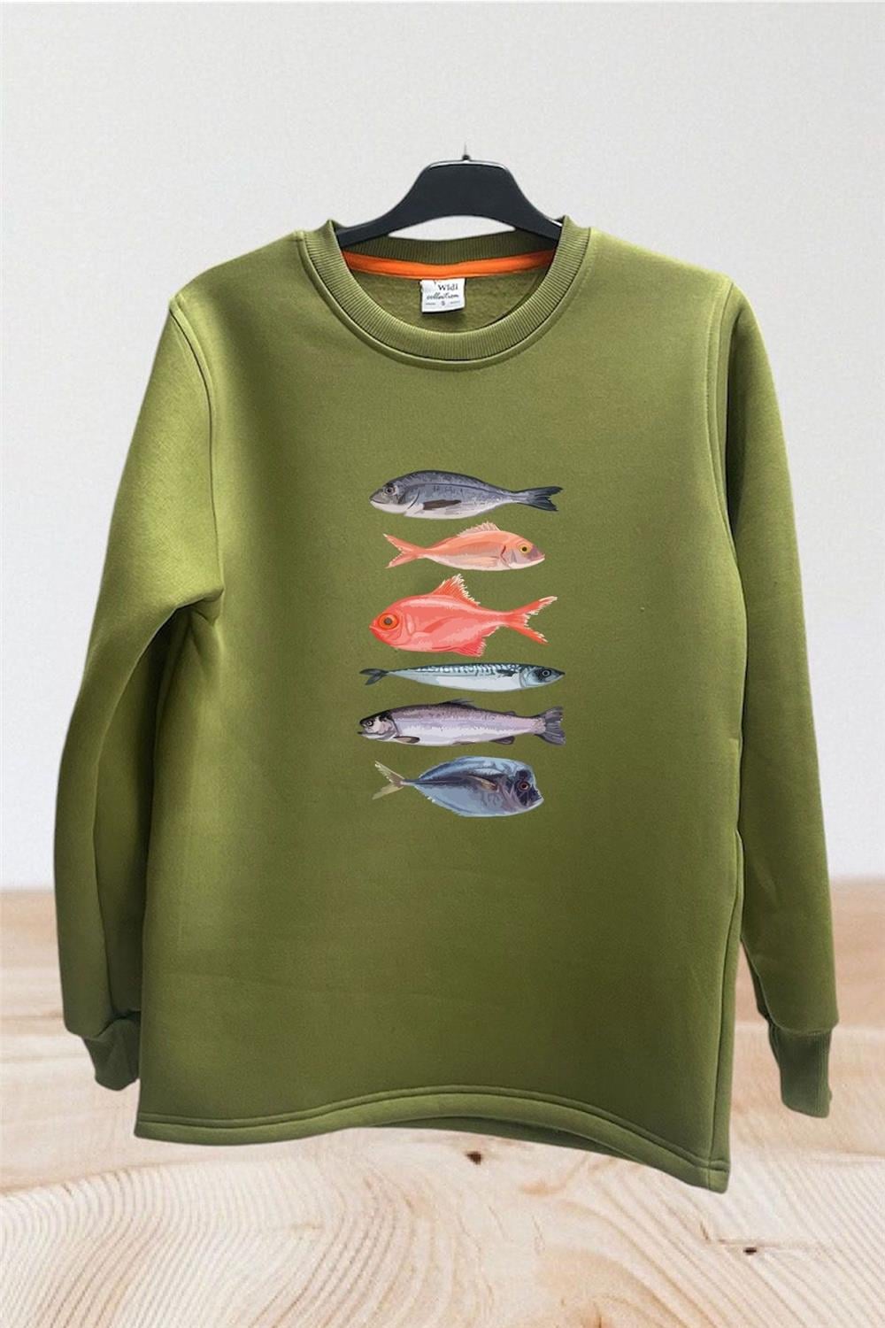 Fishing Balıkçılık Baskılı Renkli Çeşitli Balık Tasarım Baskılı Regular Fit %100 Pamuk Sweatshirt - Haki