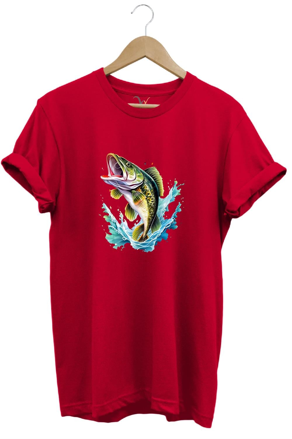 Fishing Balıkçılık Levrek Balığı Deniz Baskılı %100 Pamuk Regular Fit Bisiklet Yaka T-Shirt - Kırmızı