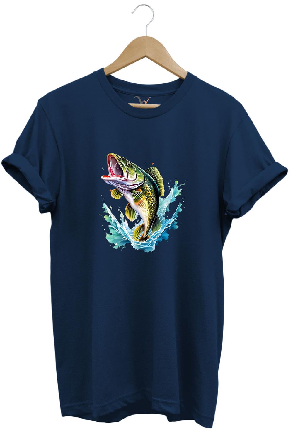 Fishing Balıkçılık Levrek Balığı Deniz Baskılı %100 Pamuk Regular Fit Bisiklet Yaka T-Shirt - Lacivert