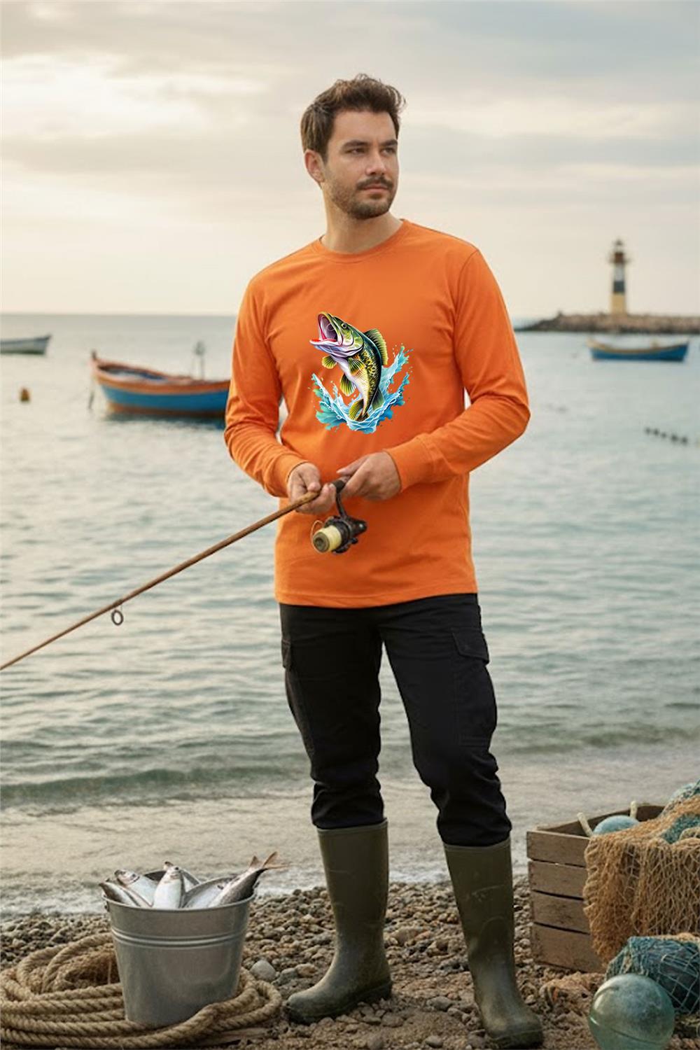 Fishing Balıkçılık Levrek Balığı Deniz Baskılı Turuncu Bisiklet Yaka Uzun Kollu T-Shirt - Turuncu