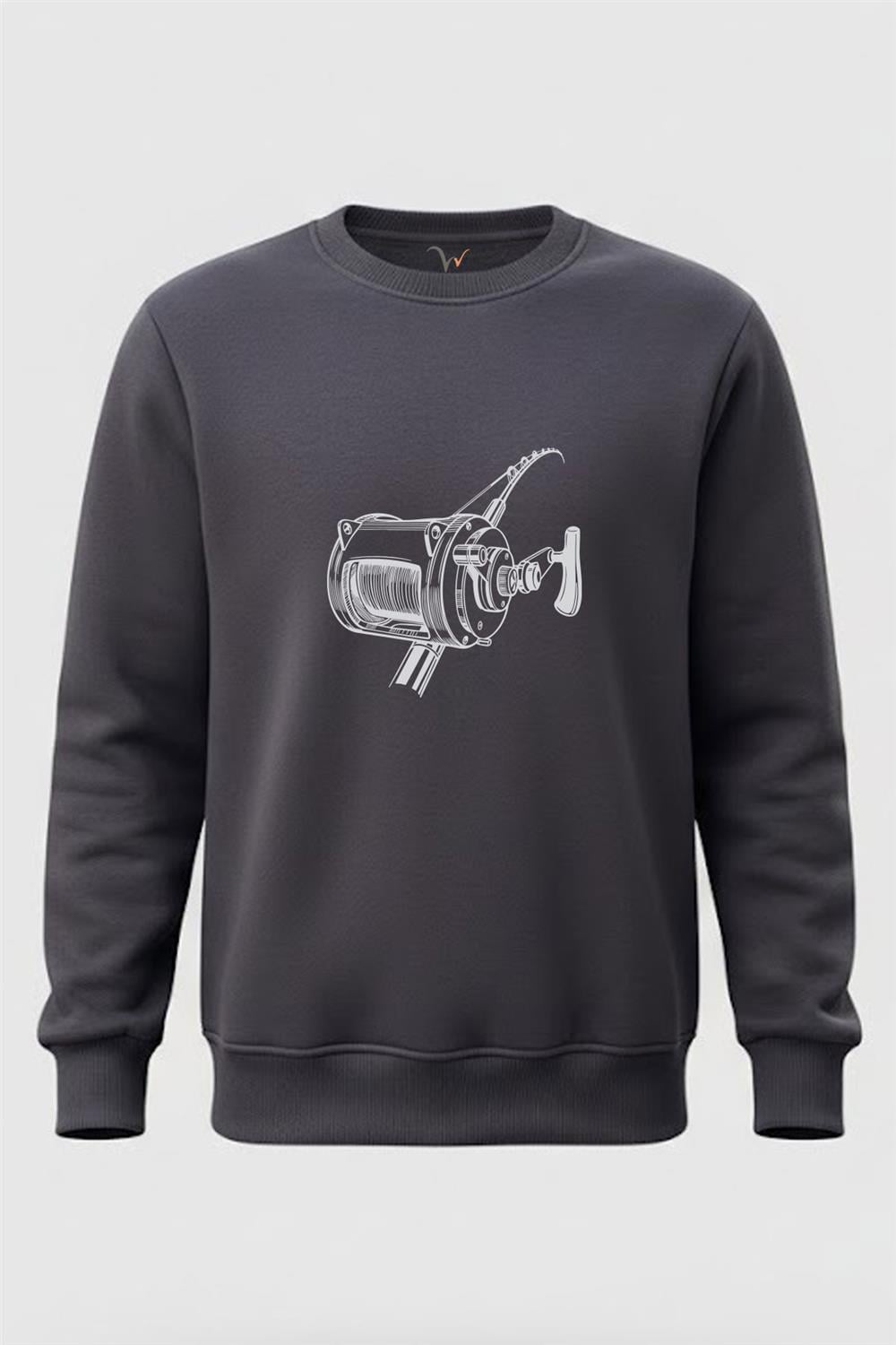 Fishing Balıkçılık Olta Tasarım Baskılı 3 İp Şardonlu %100 Pamuk Sweatshirt - Füme