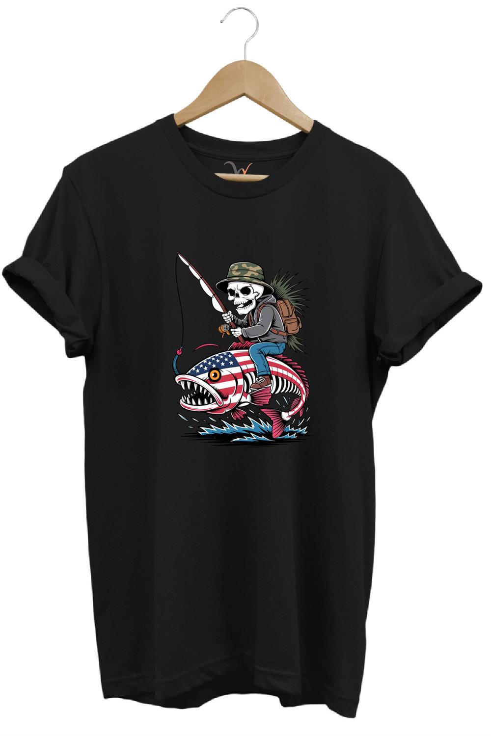 Fishing Balıkçılık Pirana Ve İskelet Tasarım Baskılı %100 Pamuk Regular Fit T-Shirt - Siyah
