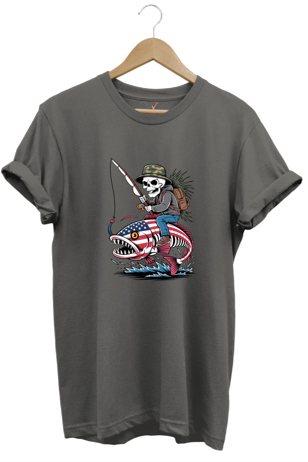 Fishing Balıkçılık Pirana Ve İskelet Tasarım Baskılı %100 Pamuk Regular Fit T-Shirt - Antrasit