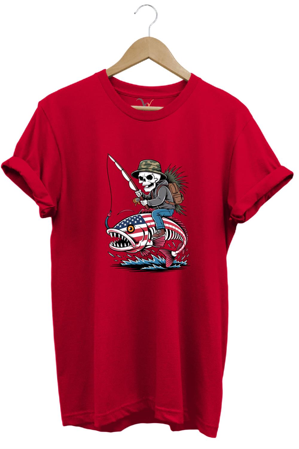 Fishing Balıkçılık Pirana Ve İskelet Tasarım Baskılı %100 Pamuk Regular Fit T-Shirt - Kırmızı