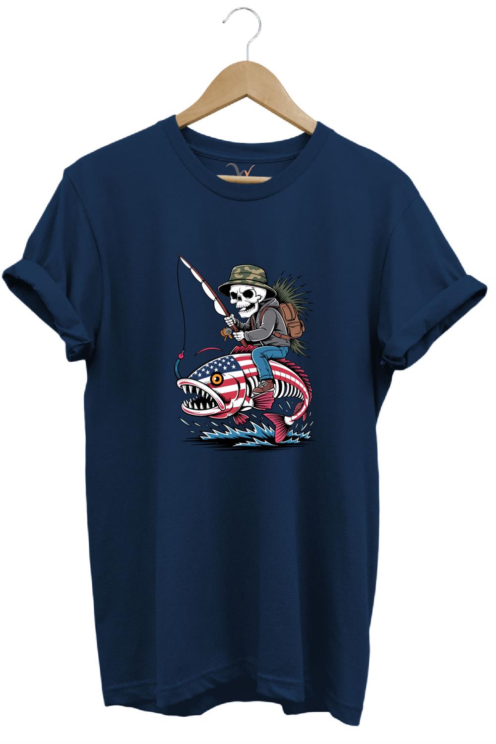 Fishing Balıkçılık Pirana Ve İskelet Tasarım Baskılı %100 Pamuk Regular Fit T-Shirt - Lacivert