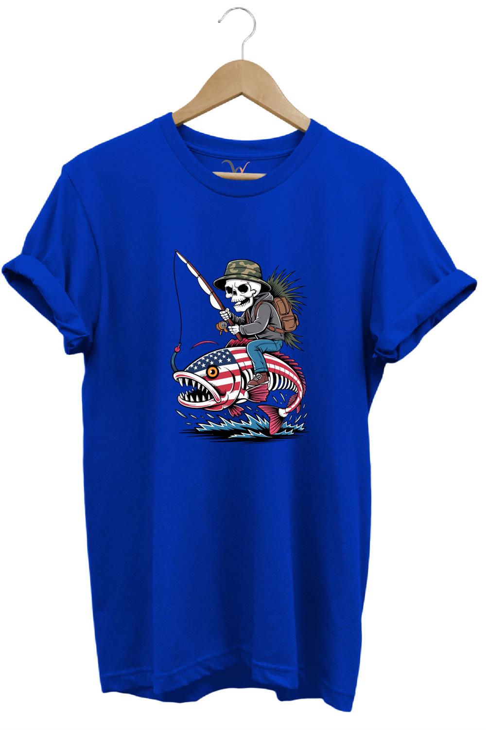 Fishing Balıkçılık Pirana Ve İskelet Tasarım Baskılı %100 Pamuk Regular Fit T-Shirt - Mavi