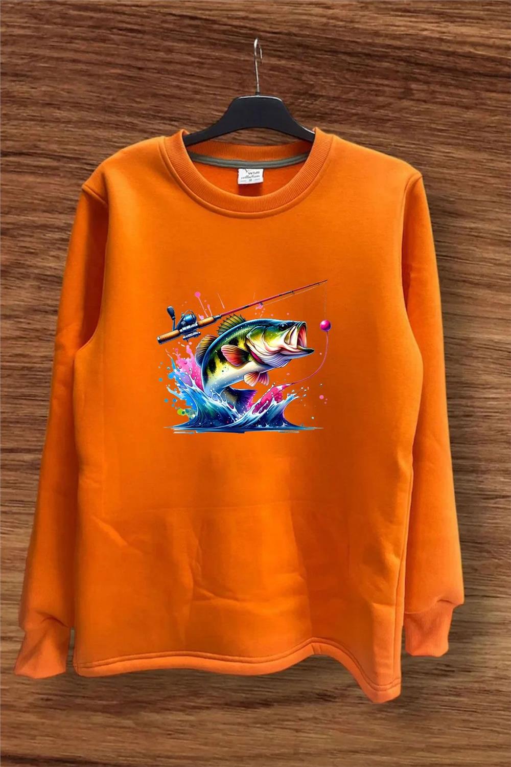 Fishing Balıkçılık Renkli Levrek Balığı Baskılı Avcılık Regular Fit %100 Pamuk Sweatshirt - Turuncu