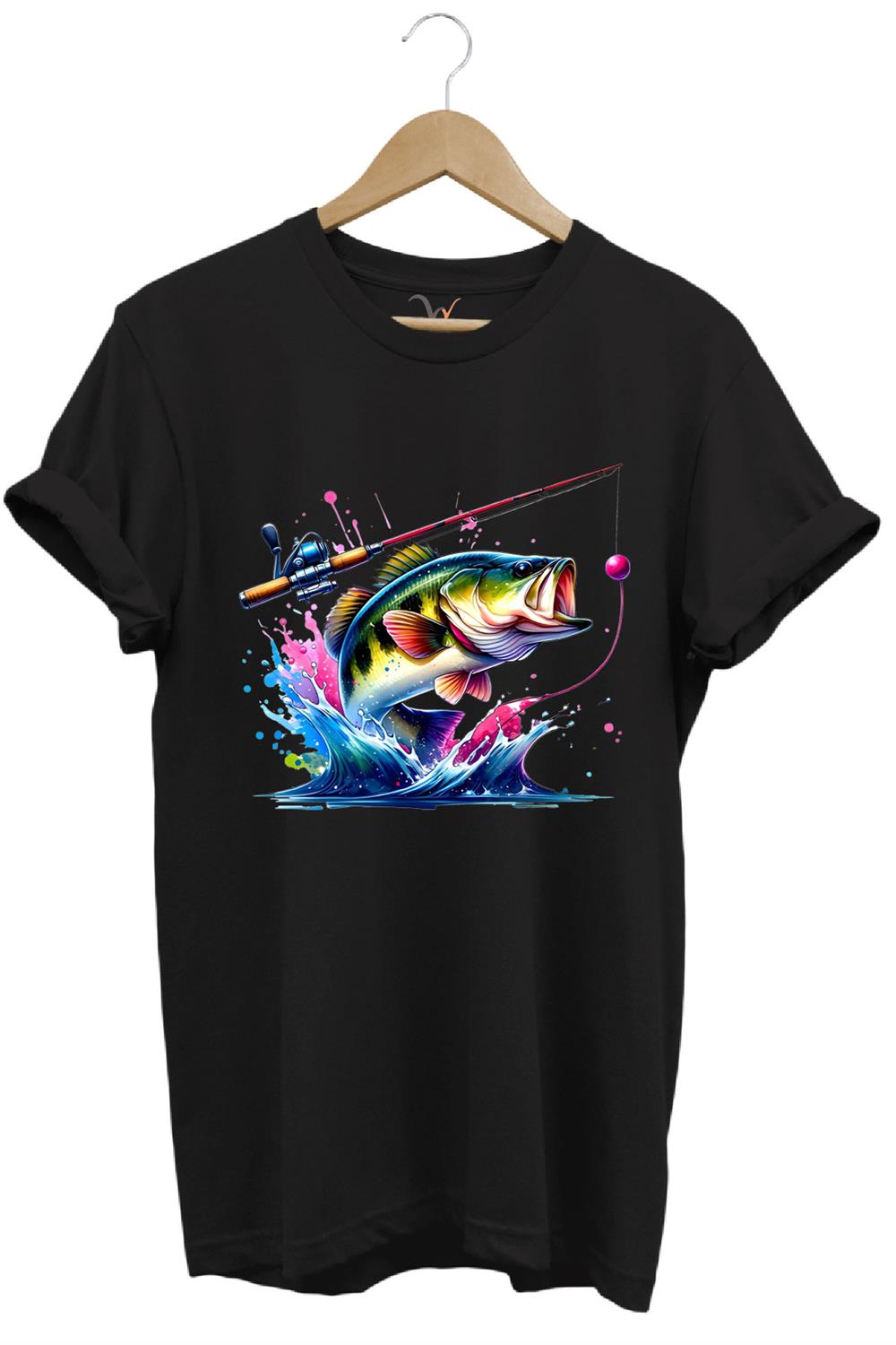Fishing Balıkçılık Renkli Levrek Balığı Baskılı Avcılık %100 Pamuk Regular Fit Unisex T-Shirt - Siyah