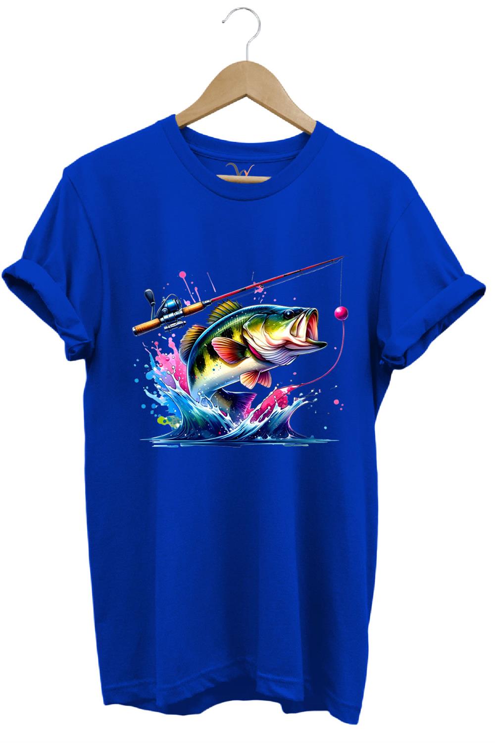 Fishing Balıkçılık Renkli Levrek Balığı Baskılı Avcılık %100 Pamuk Regular Fit Unisex T-Shirt - Mavi