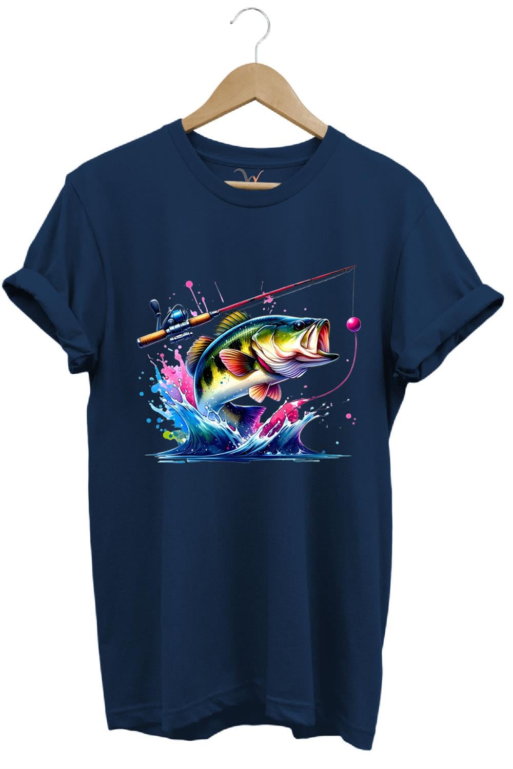 Fishing Balıkçılık Renkli Levrek Balığı Baskılı Avcılık %100 Pamuk Regular Fit Unisex T-Shirt - Lacivert