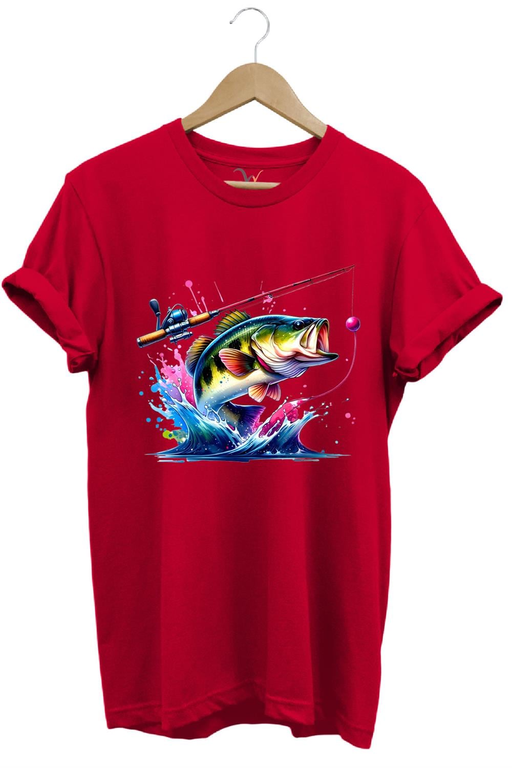 Fishing Balıkçılık Renkli Levrek Balığı Baskılı Avcılık %100 Pamuk Regular Fit Unisex T-Shirt - Kırmızı
