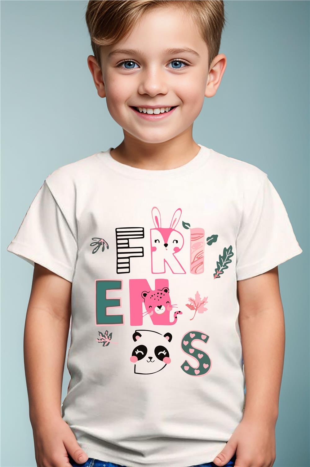 Friends Yazı Baskılı Panda Ve Tavşan Detaylı %100 Pamuk Kız Çocuk Erkek Çocuk T-Shirt - Beyaz