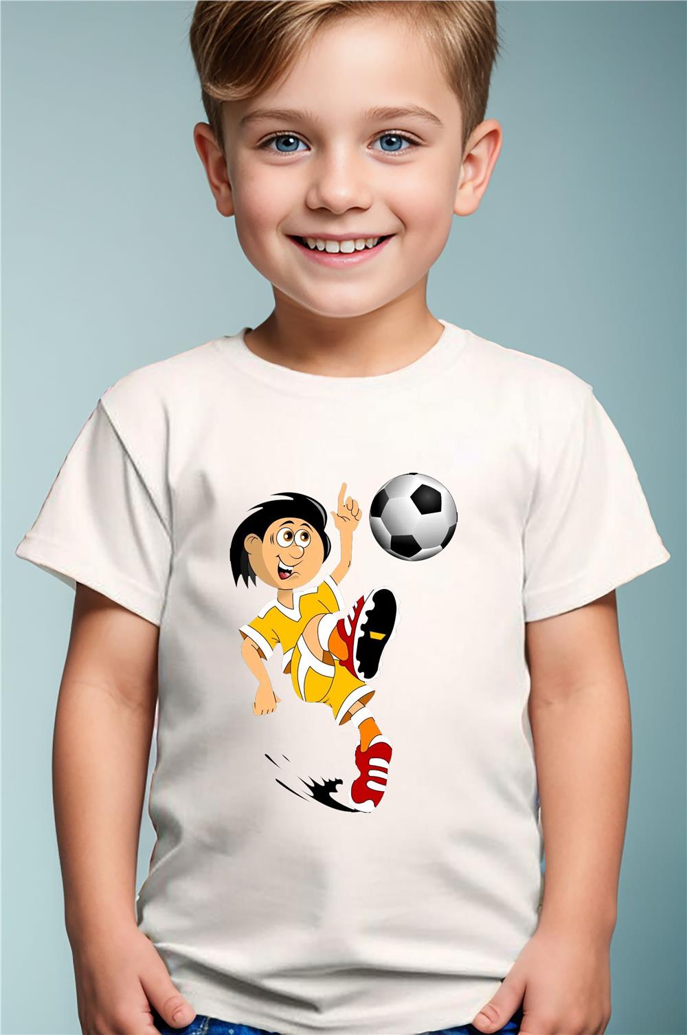 Futbol Topu Ve Vole Futbolcu Baskılı Pamuk Premium Erkek Çocuk Kız Çocuk T-Shirt - Beyaz