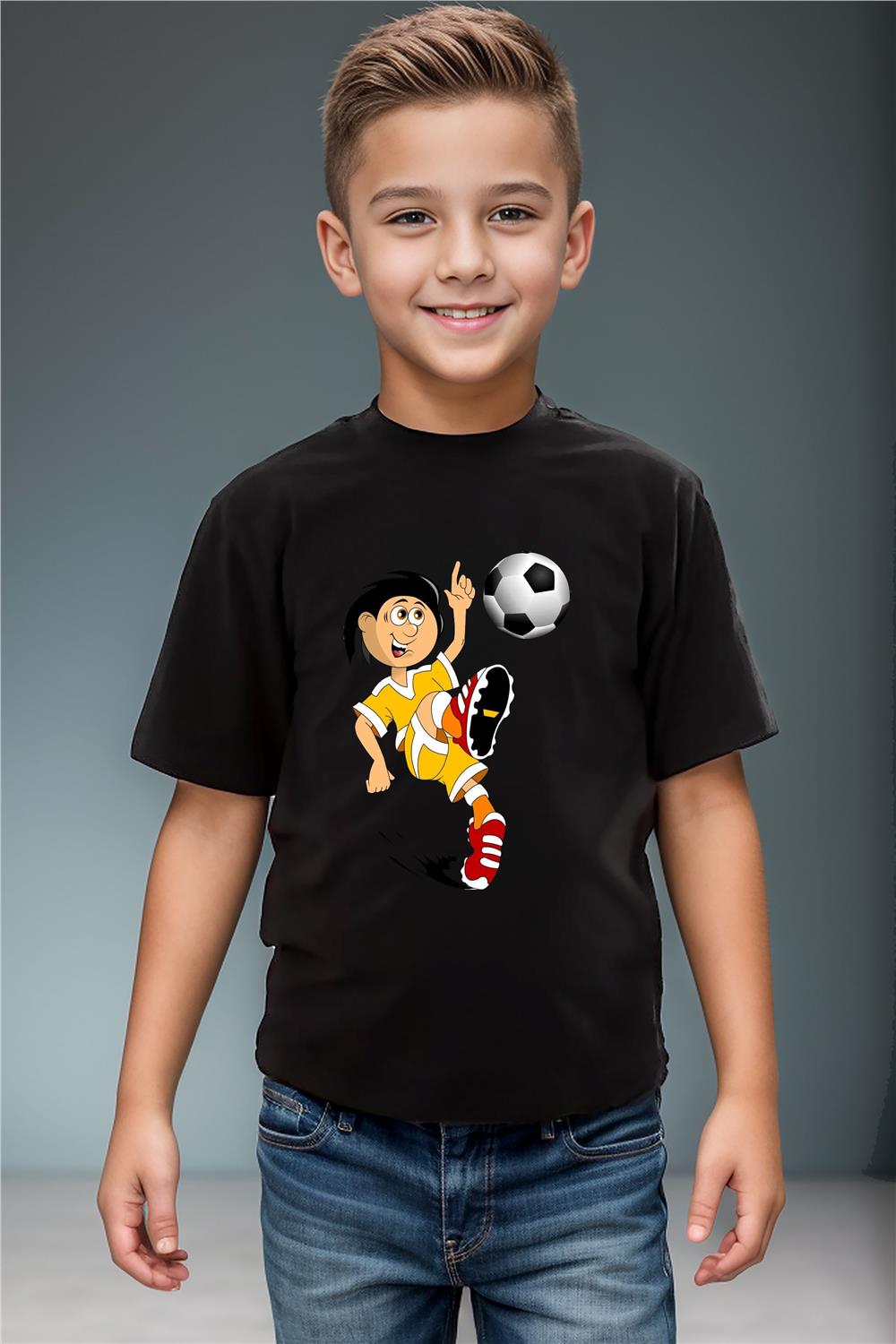 Futbol Topu Ve Vole Futbolcu Baskılı Pamuk Premium Erkek Çocuk Kız Çocuk T-Shirt - Siyah