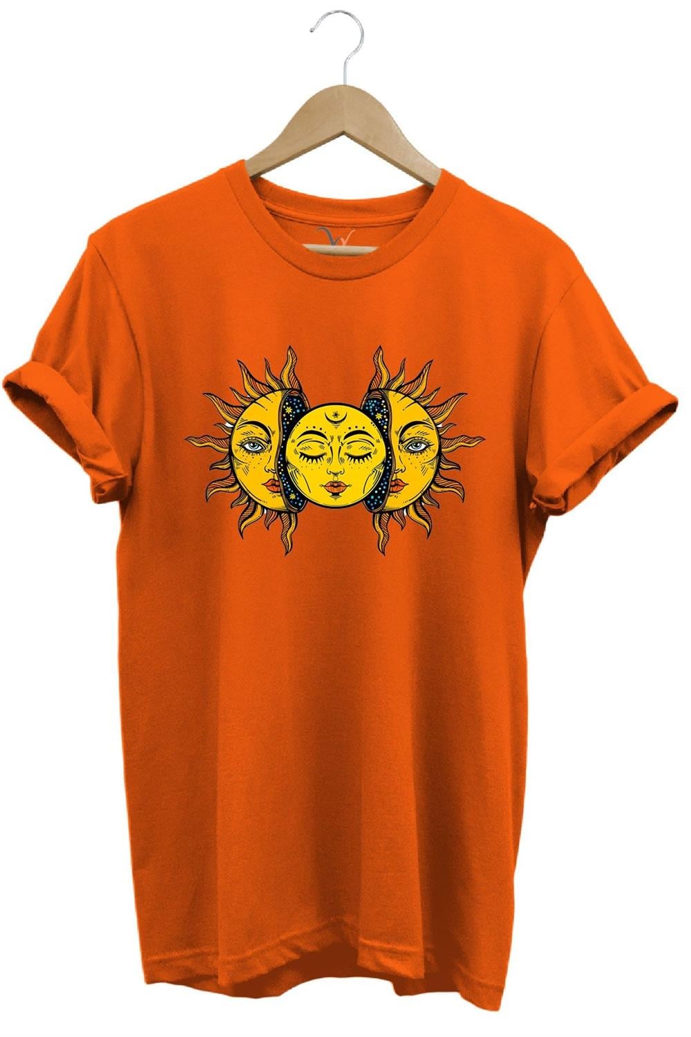 Güneş Baskılı %100 Pamuk Regular Fit Unisex T-Shirt - Turuncu