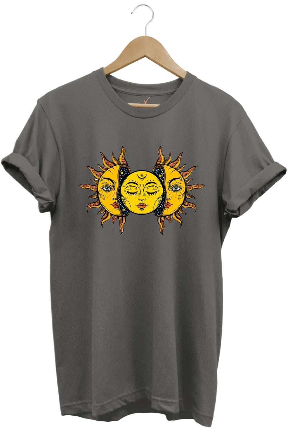 Güneş Baskılı %100 Pamuk Regular Fit Unisex T-Shirt - Antrasit