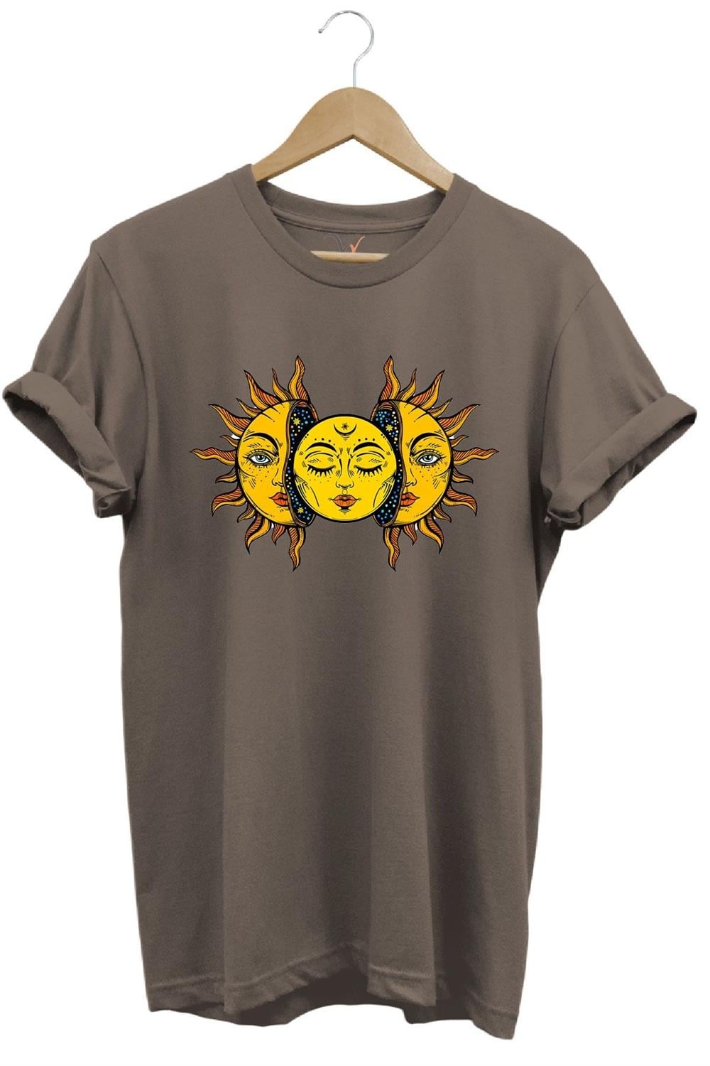 Güneş Baskılı %100 Pamuk Regular Fit Unisex T-Shirt - Kahverengi