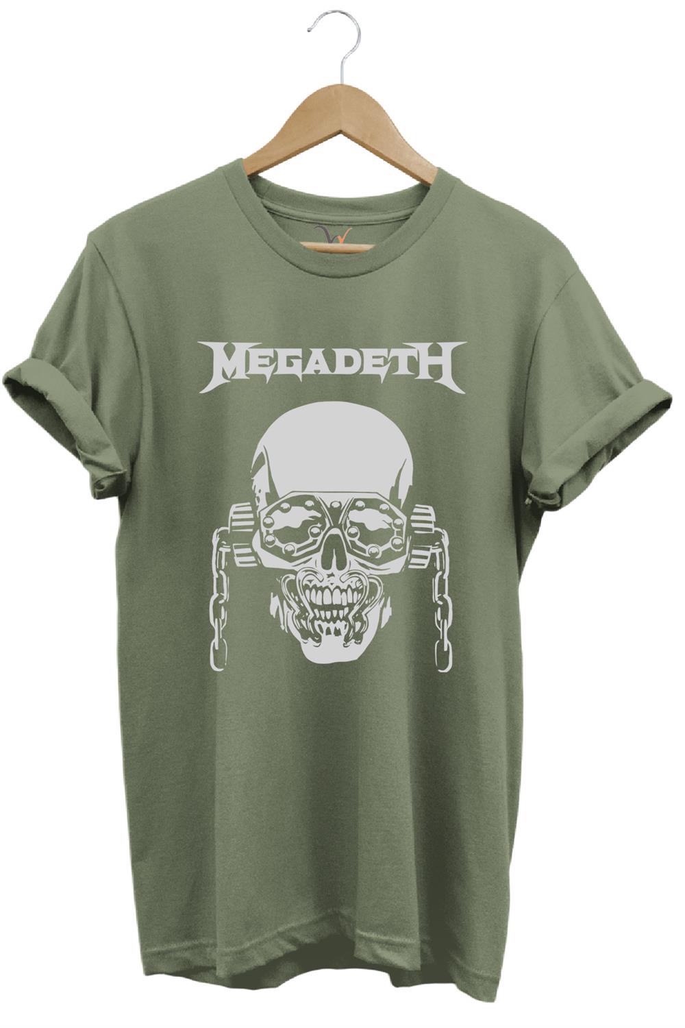 Heavy Metal Unisex Megadeth Skull Baskılı %100 Pamuk Regular Fit Bisiklet Yaka T-Shirt - Haki