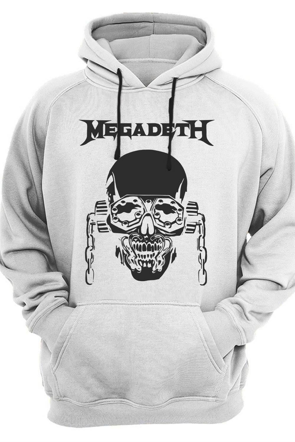 Heavy Metal Unisex Megadeth Skull Baskılı 3 Iplik Kalın Şardonlu Kanguru Cepli Sweatshirt - Beyaz