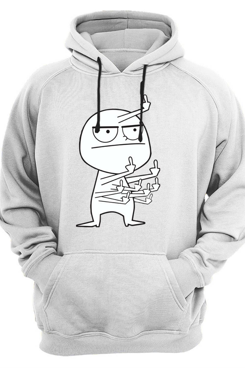 Hediye Eğlenceli Komik Orta Parmak Tasarım Baskılı 3 İplik Kalın Şardonlu Kanguru Cepli Sweatshirt - Beyaz