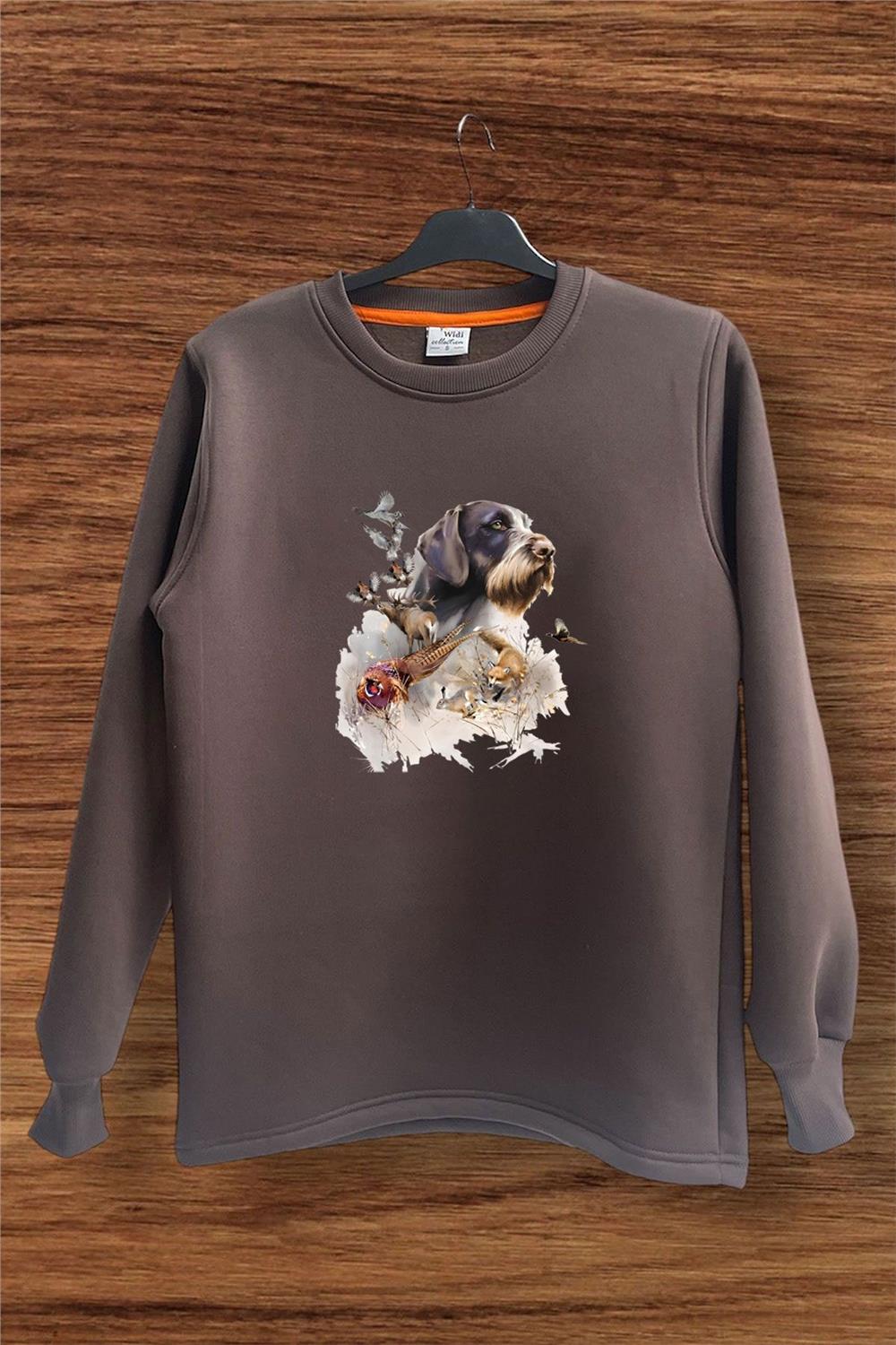 Hunter Avcılık Av Desenli Av Köpeği Ve Av Kuşu Baskılı Regular Fit %100 Pamuk Sweatshirt - Kahverengi