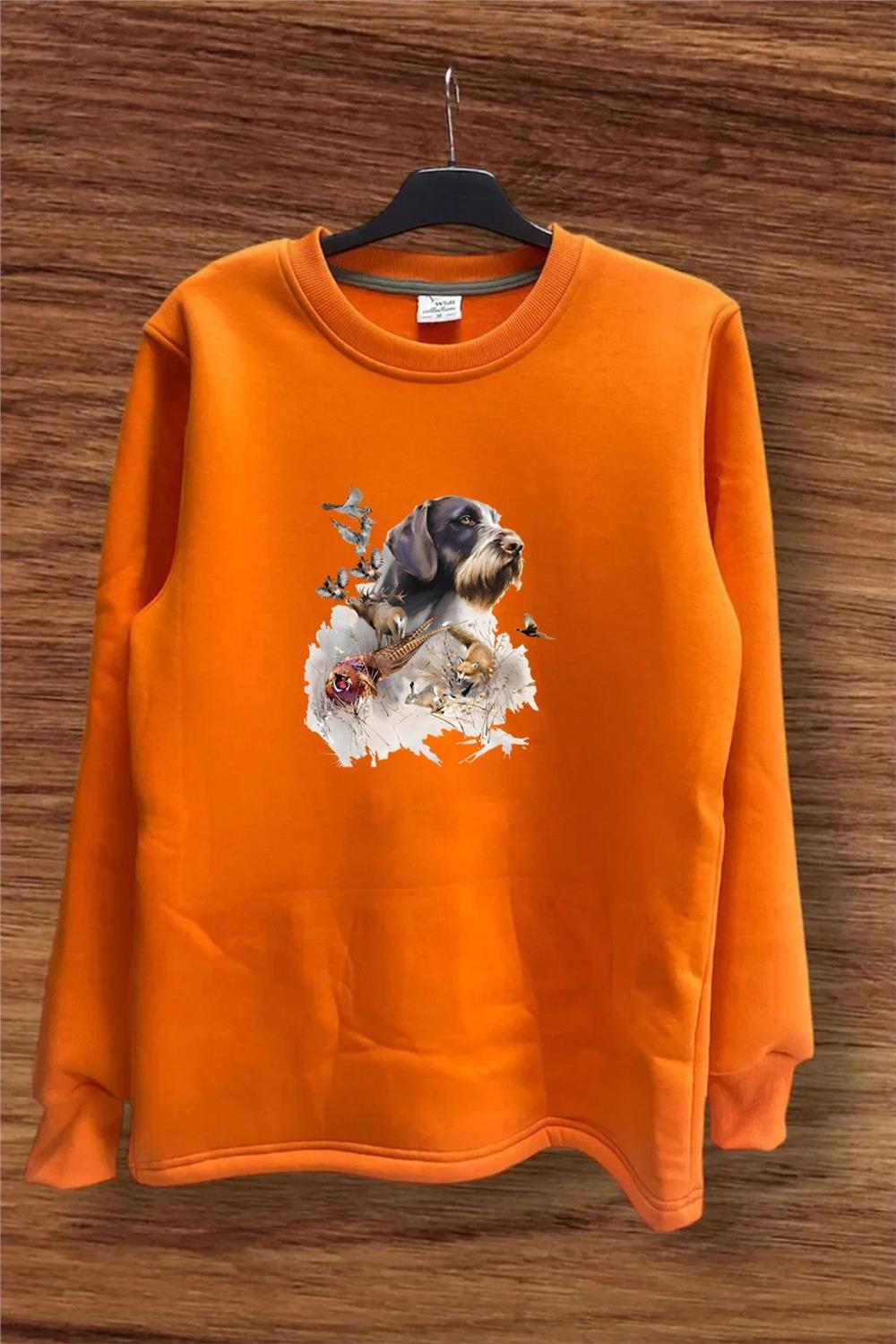 Hunter Avcılık Av Desenli Av Köpeği Ve Av Kuşu Baskılı Regular Fit %100 Pamuk Sweatshirt - Turuncu
