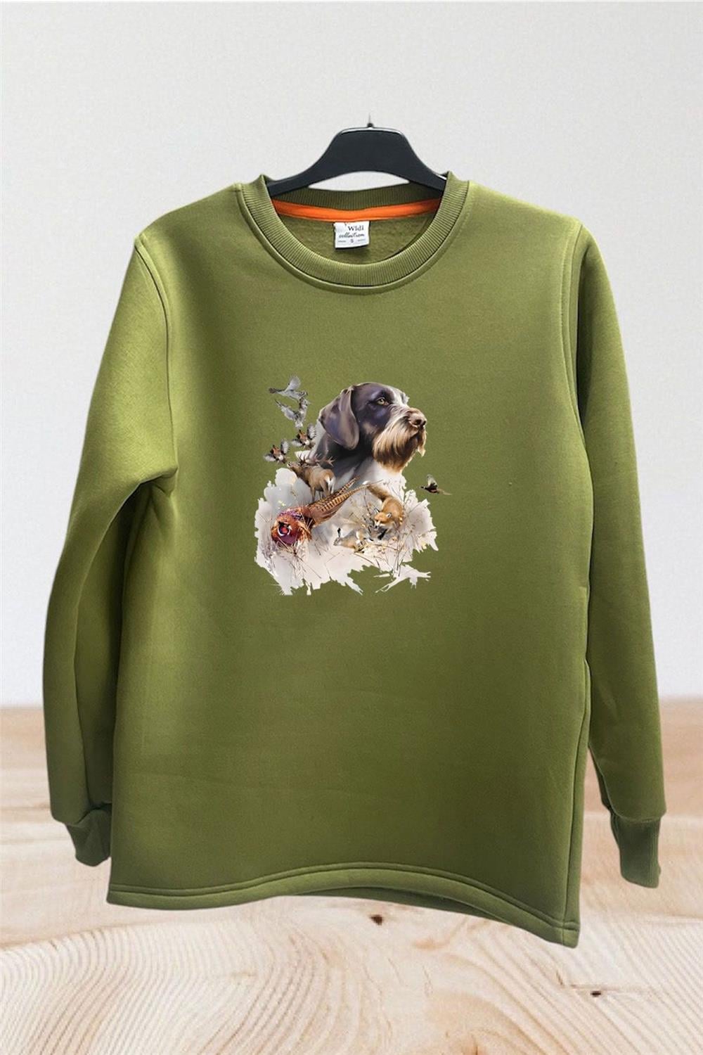 Hunter Avcılık Av Desenli Av Köpeği Ve Av Kuşu Baskılı Regular Fit %100 Pamuk Sweatshirt - Haki