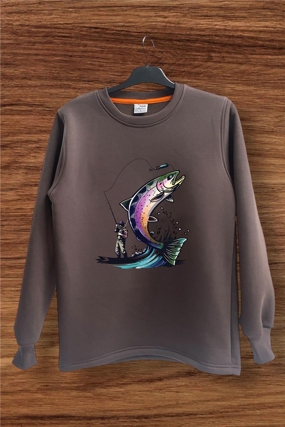 Hunter Avcılık Balıkçılık Alabalık Baskılı Regular Fit %100 Pamuk Bisiklet Yaka Sweatshirt - Kahverengi