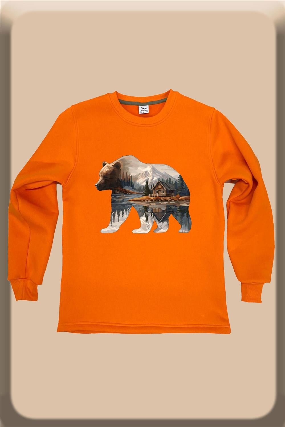 Hunter Avcılık Doğa Kamp Ayı Baskılı Pamuklu Regular Fit Bisiklet Yaka Sweatshirt - Turuncu