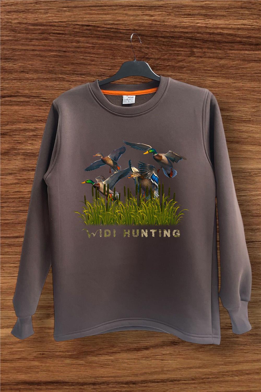 Hunter Avcılık Ördek Avı Baskılı Sazlık Regular Fit %100 Pamuk Bisiklet Yaka Sweatshirt - Kahverengi