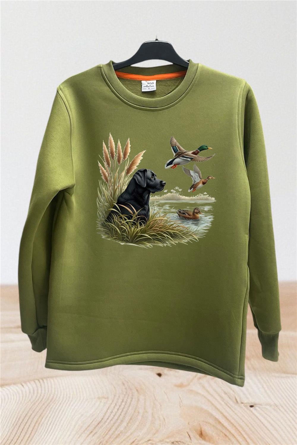 Hunter Avcılık Ördek Setter Baskılı Regular Fit %100 Pamuk Bisiklet Yaka Sweatshirt - Haki