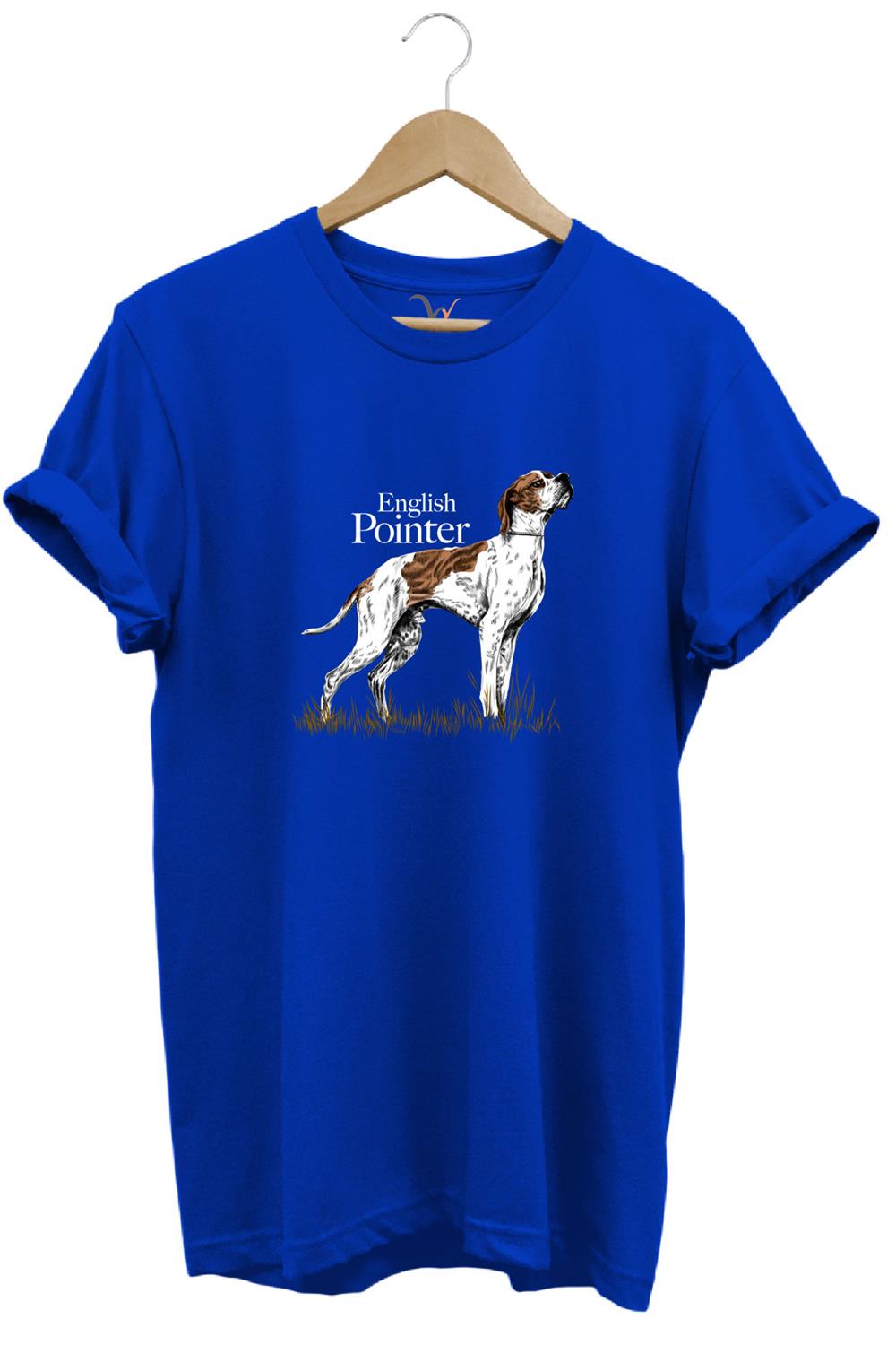 Hunting Avcılık English Pointer Av Köpeği Baskılı %100 Pamuk Regular Fit Unisex T-Shirt - Mavi