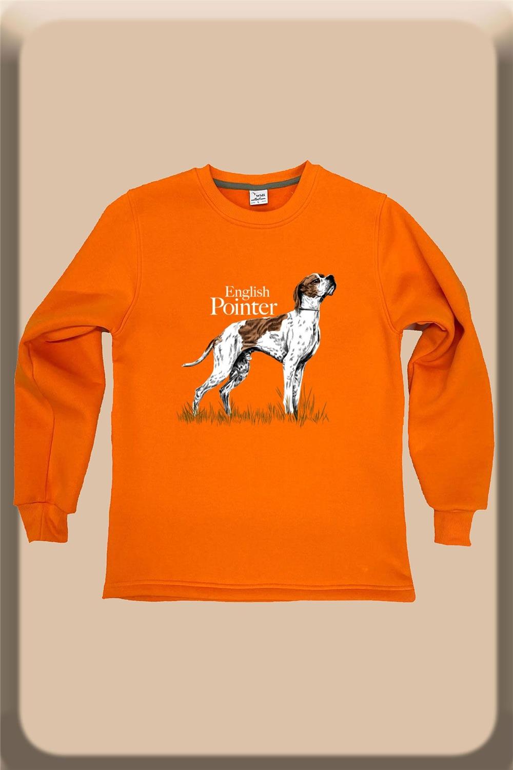 Hunting Avcılık English Pointer Av Köpeği Baskılı Regular Fit %100 Pamuk Bisiklet Yaka Sweatshirt - Turuncu