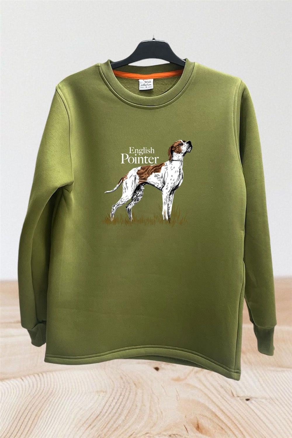 Hunting Avcılık English Pointer Av Köpeği Baskılı Regular Fit %100 Pamuk Bisiklet Yaka Sweatshirt - Haki