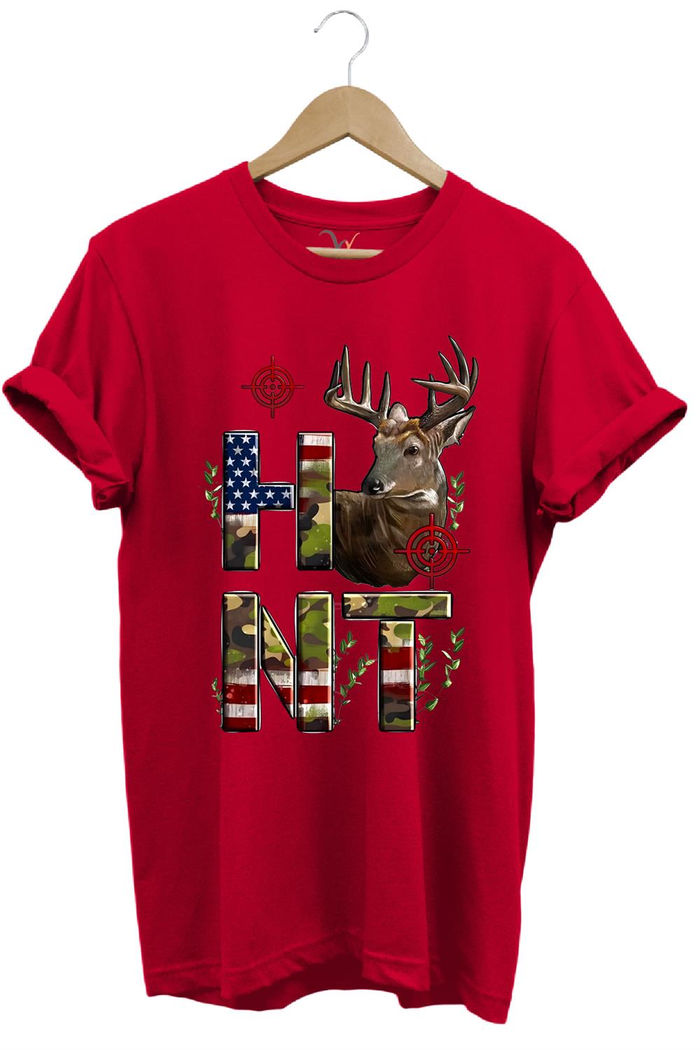 Hunting Avcılık Geyik Ve Kamuflaj Hunt Yazı Baskılı %100 Pamuk Regular Fit Bisiklet Yaka T-Shirt - Kırmızı