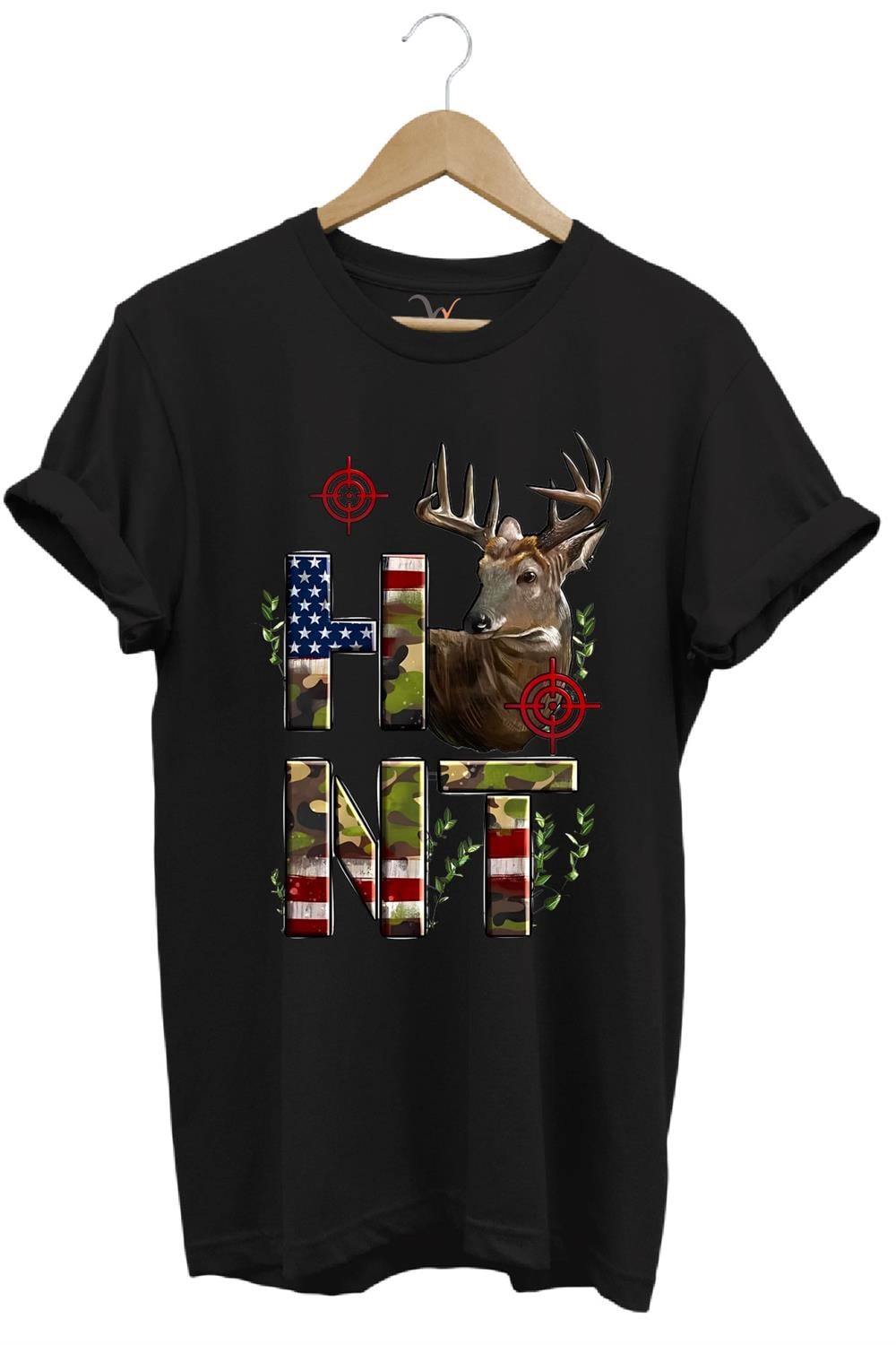 Hunting Avcılık Geyik Ve Kamuflaj Hunt Yazı Baskılı %100 Pamuk Regular Fit Bisiklet Yaka T-Shirt - Siyah