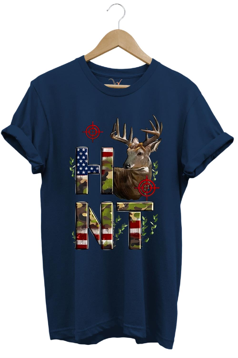 Hunting Avcılık Geyik Ve Kamuflaj Hunt Yazı Baskılı %100 Pamuk Regular Fit Bisiklet Yaka T-Shirt - Lacivert